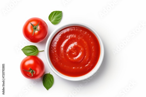 Delicious Red Tomato Sauce or Ketchup in Ceramic Bowl on White Background AI Generated