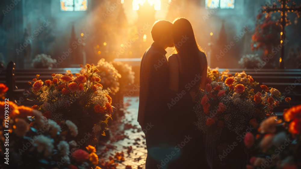 Sad, funeral and flowers with couple and coffin in church for death ...