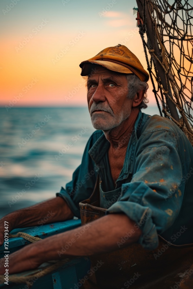 Environmental portrait of a fisherman at sea during sunrise, capturing the essence of his daily life.