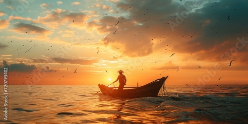 Environmental portrait of a fisherman at sea during sunrise, capturing the essence of his daily life.