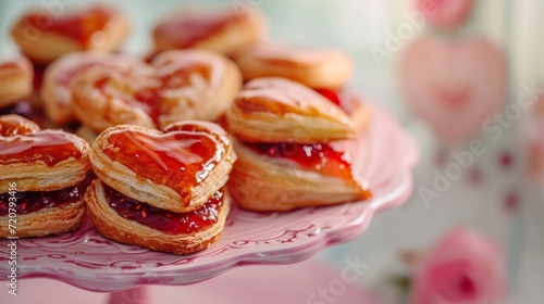 Glazed heart-shaped pastries filled with strawberry jam generative ai