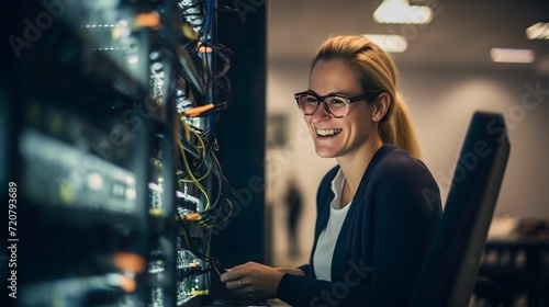 Female technician working in data center running diagnostics and maintenance on the system