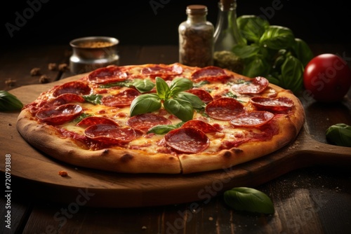 Delicious Rustic Pizza with Pepperoni and Basil on Wooden Table AI Generated