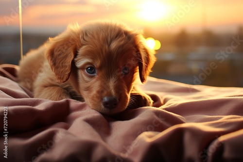 A beautiful purebred puppy looking directly into the camera lens, close-up portrait