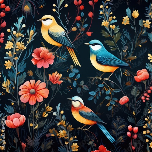 A seamless pattern with birds and flowers