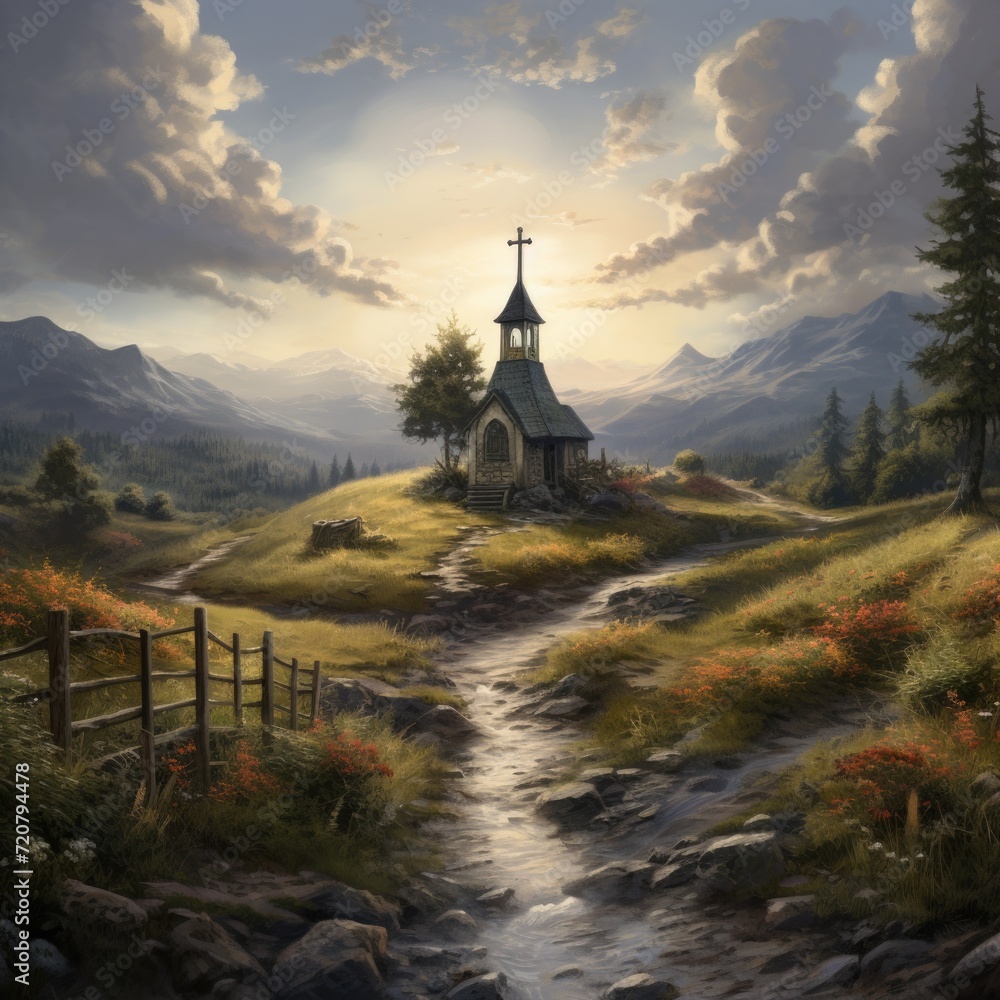 A small chapel standing at a crossroads, in the style of traditional landscapes