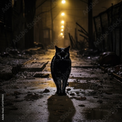 A skinny black cat walking away in a dark