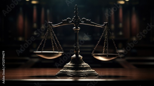 Scales of justice on a wooden table in a courtroom or law enforcement office Generative AI