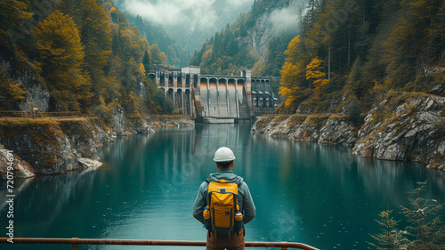 A dam engineering doing his checking routine. He is wearing a white hard hat and yellow transparent vest. He is standing by the rail by the dam. generative ai. photo