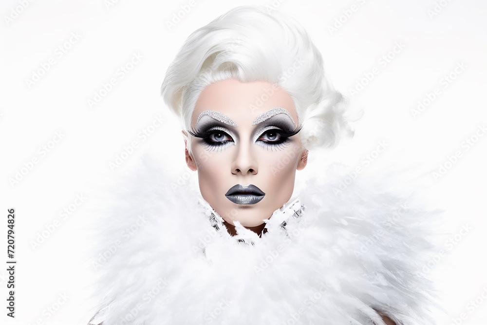 Stylized portrait of a drag queen person with dramatic white hair and make up
