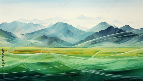 Abstract painting green lines with mountain background wallpaper