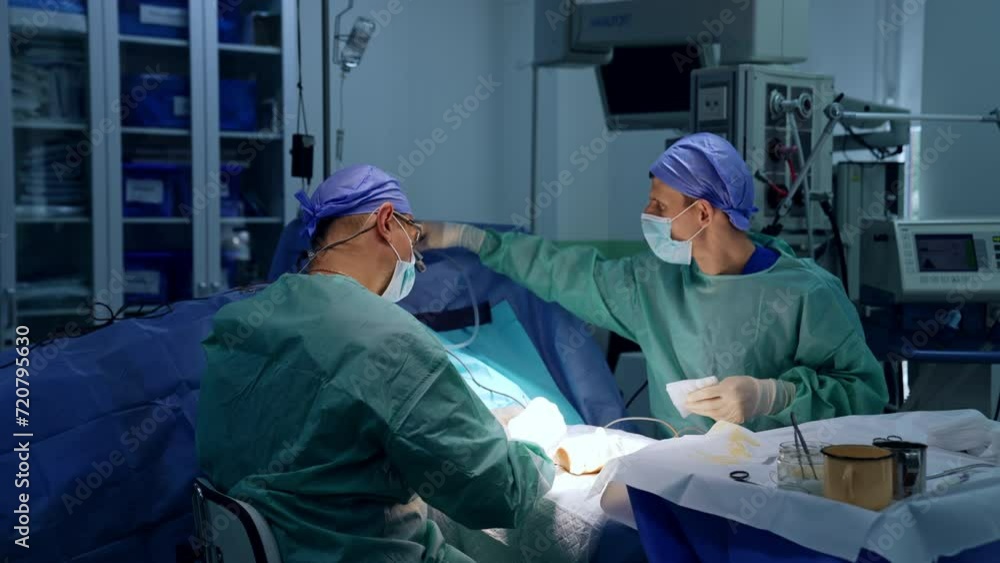 Rear view of a surgeon wearing loupe glasses sitting at the patient. Male assistant helping the doctor. Rear view of a surgeon wearing loupe glasses sitting at the patient. Male assistant helping the doctor.