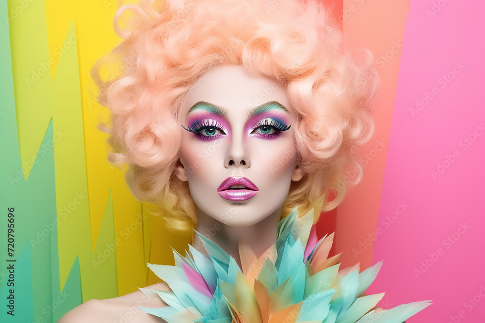A drag queen person with pink hair styled extravagantly posing with multicolored floral background