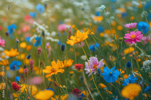 Vibrant and detailed meadow of wildflowers, realistic textures and colors © Misutra