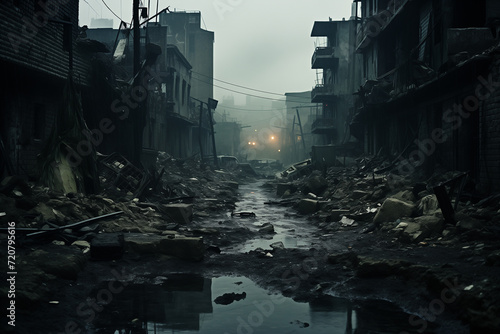 Streets of city after war, dark fantasy, hazy landscapes, horror-inspired background wallpaper