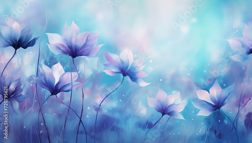 Watercolor paint abstract flowers, dark turquoise and light purple, abstract landscape