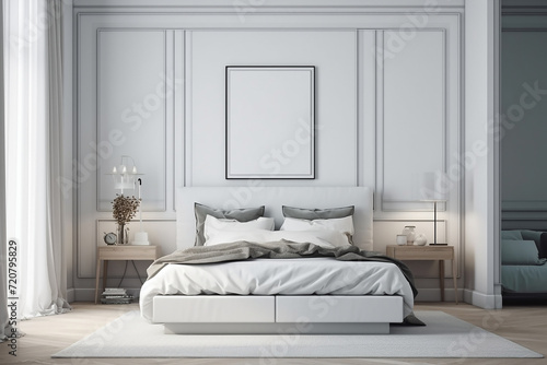 Interior wall multiple frame mockup with luxury white decor in modern living room, entry hall. Generative AI.