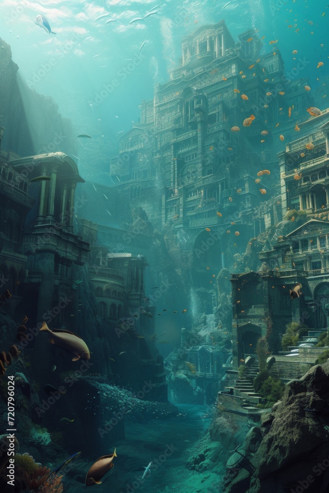 Hyper-realistic underwater scene with a city submerged beneath the ocean, teeming with marine life.