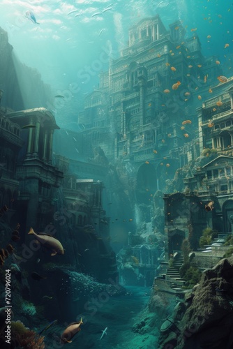 Hyper-realistic underwater scene with a city submerged beneath the ocean, teeming with marine life.
