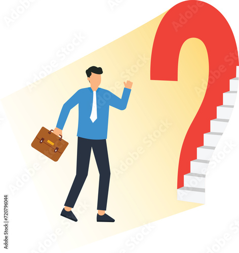 Hope in crisis and solution or opportunity in problem or difficulty, idea discovery to solve trouble, Businessman just discover light of hope and opportunity from question mark concept,
