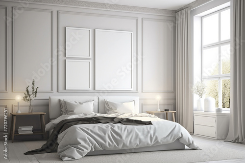 Interior wall multiple frame mockup with luxury white decor in modern living room, entry hall. Generative AI.