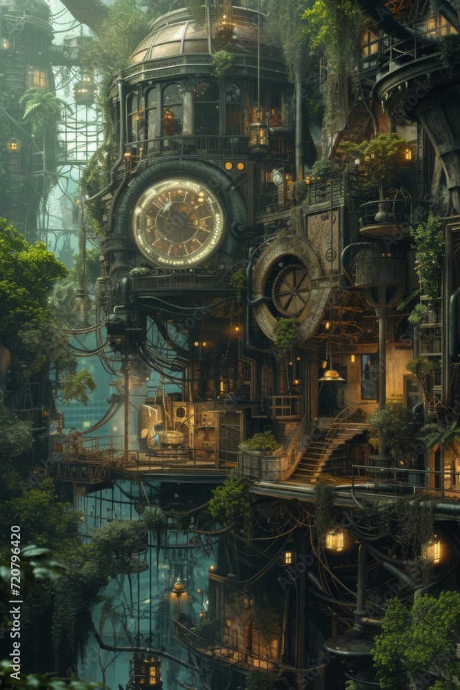 Obraz premium Intricate steampunk-inspired machinery intertwined with a lush, overgrown jungle.
