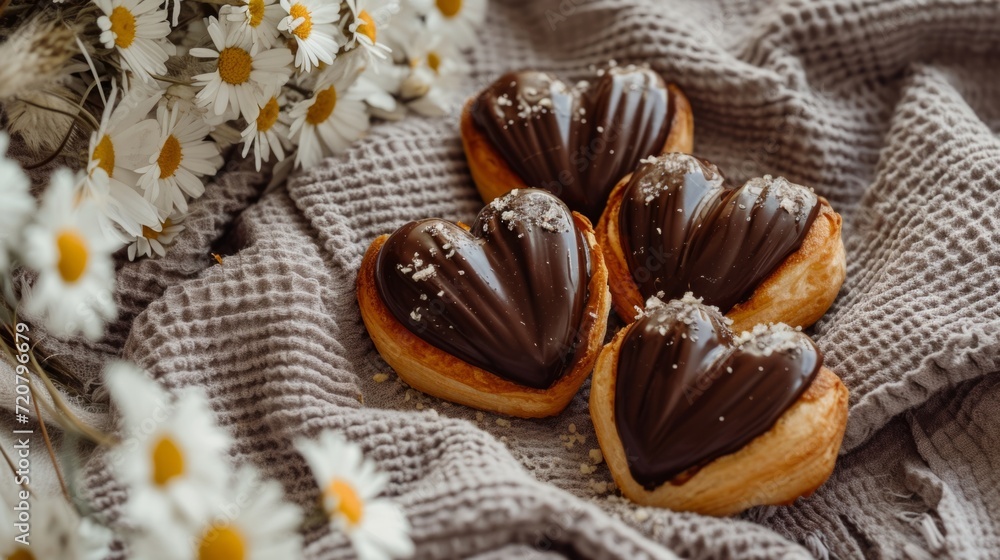 Heart-shaped eclairs with chocolate ganache on a cloth generative ai Heart-shaped eclairs with chocolate ganache on a cloth generative ai
