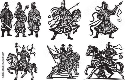 chinese warriors vector black and white set