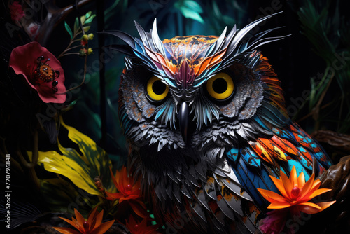 Colorful Owl, A ultra high-resolution hyper-realistic neon glowing metallic owl looking directly at you while sitting in the heart of a rainforest © Prime Lens
