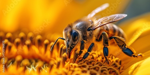 Macro shot of a bee on a sunflower, highlighting the intricate details of both bee and flower.