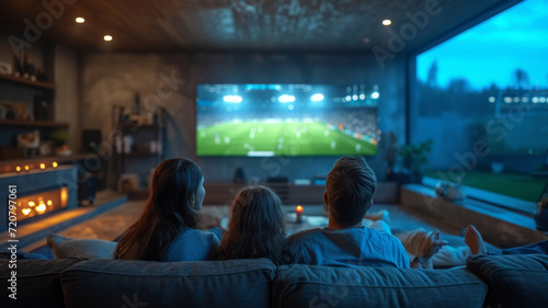 Caucasian family watching tv with football match on screen. Global sport concept, digital composite image, generative ai
