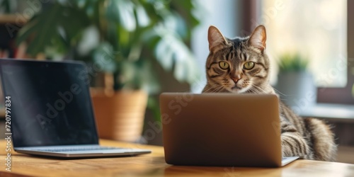 Realistic image of a cat sitting beside a laptop, mimicking a work-from-home setting
