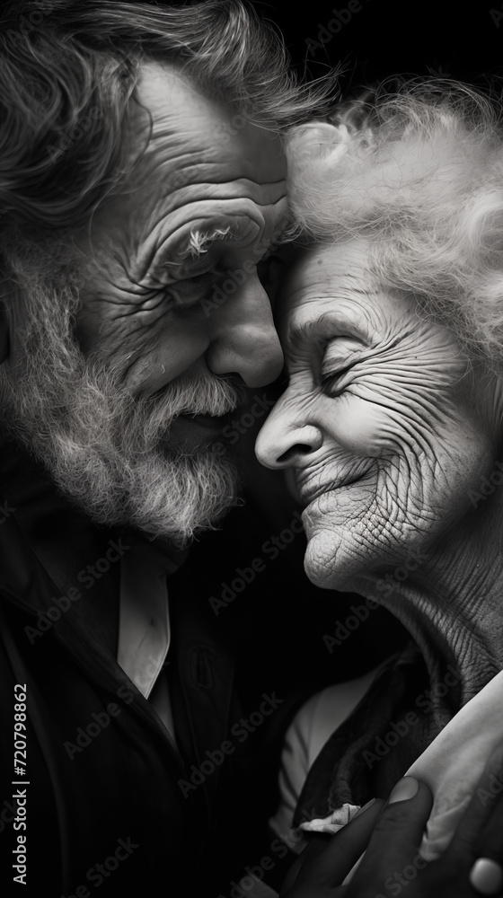 Close-up captures an intimate moment as an older woman kisses a man, black and white photo, Close-up captures an intimate moment as an older woman kisses a man, black and white photo,