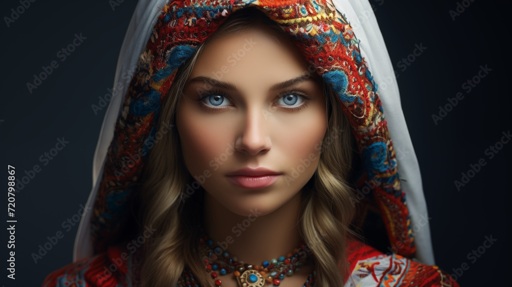 Portrait of a Ukrainian woman, girl, European appearance in a headdress, national costume