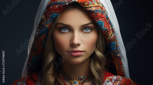 Portrait of a Ukrainian woman, girl, European appearance in a headdress, national costume