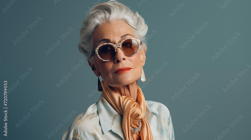 Portrait of a young elderly woman wearing sunglasses, advertising concept, copy space Portrait of a young elderly woman wearing sunglasses, advertising concept, copy space
