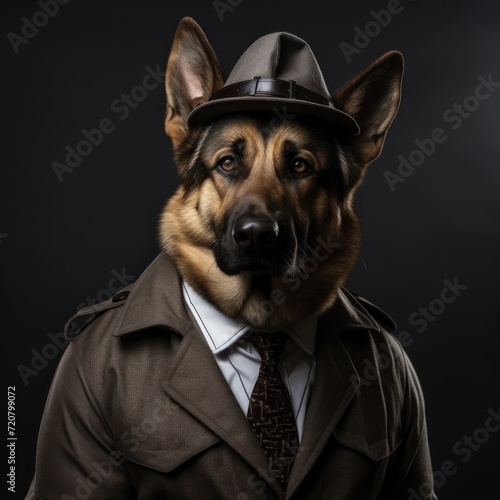 Confident German Shepherd Detective on Grey Background AI Generated © Alex