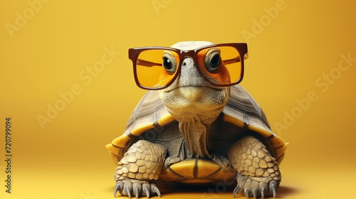 Fashionable turtle in sunglasses on studio background, with copy space 