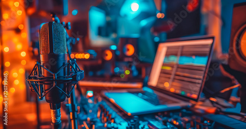 boutique recording studio control desk. Professional studio microphone with musician blurred background and audio mixer, Musical instrument Concept. photo