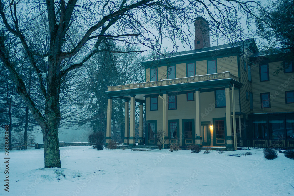 The Glen Iris Inn on a snowy winter night in Letchworth State Park, Castile, New York