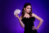 Photo of chic rich wealthy lady arisocrat enjoy vogue celebration playing poker in casino club