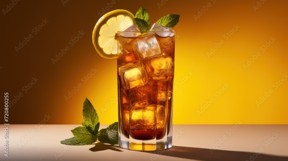 Long Island ice tea cocktail, lemon juice, ice with a lemon slice, and mint in a highball glass. isolated on a Beige background, hard light, text space. Long Island ice tea cocktail, lemon juice, ice with a lemon slice, and mint in a highball glass. isolated on a Beige background, hard light, text space.