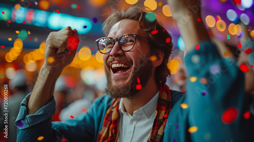 Positive, happy, emotional businessman holding mobile phone and celebrating money win. Sports betting. generative ai