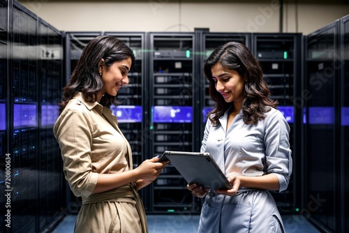 The image captures the collaboration and expertise of two computer technicians working seamlessly in a server room, maintaining and managing the digital infrastructure with precision and teamwork. photo