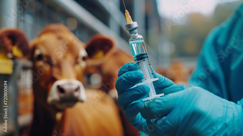 Veterinarian holds a syringe with vaccine on the background of a dairy cow in a cow barn ,generative ai photo