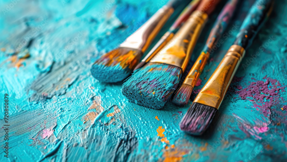 paint and brush on an artistic palette, in the style of sky-blue and beige paint and brush on an artistic palette, in the style of sky-blue and beige