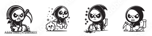 little cute grimm reaper funny vector set, blask and white cartoon character design