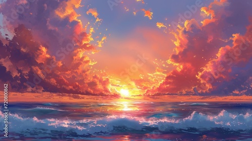Majestic sunset over the ocean, with hues of orange and pink blending in the sky. Manga-style clouds generative ai © Kelly