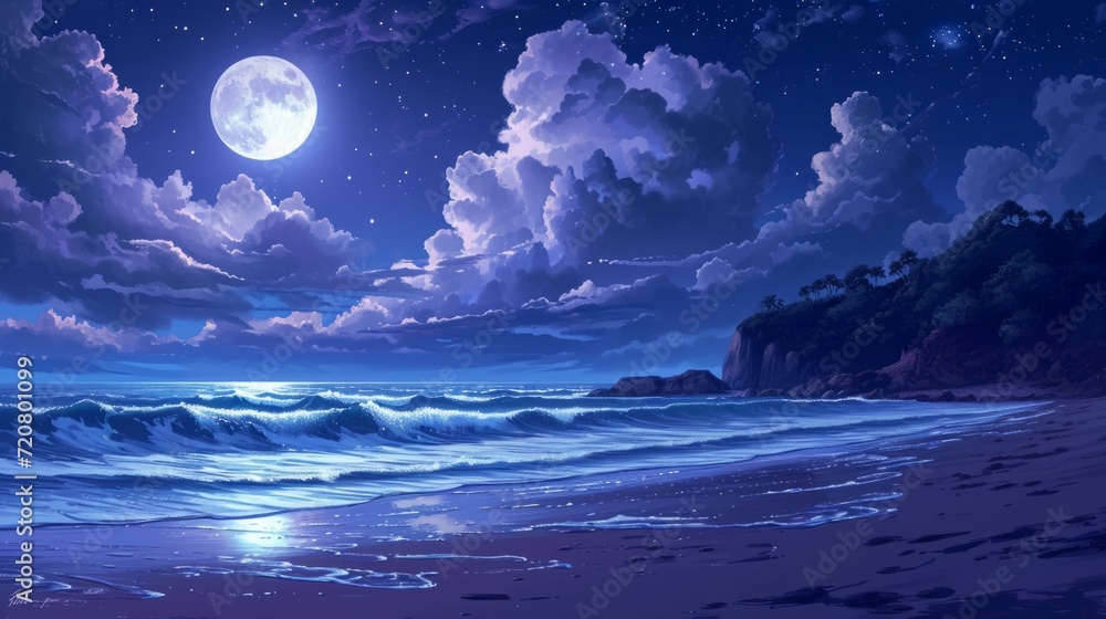 Moonlit beach with waves crashing, framed by manga-style clouds generative ai