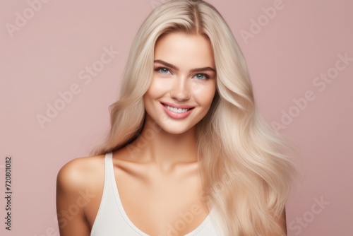Smiling Young Woman with Blonde Long Groomed Hair AI Generated